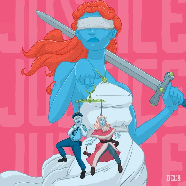 Illustration of the blindfolded Lady Justice figure holding scales with tiny figures representing legal professionals on a pink background.