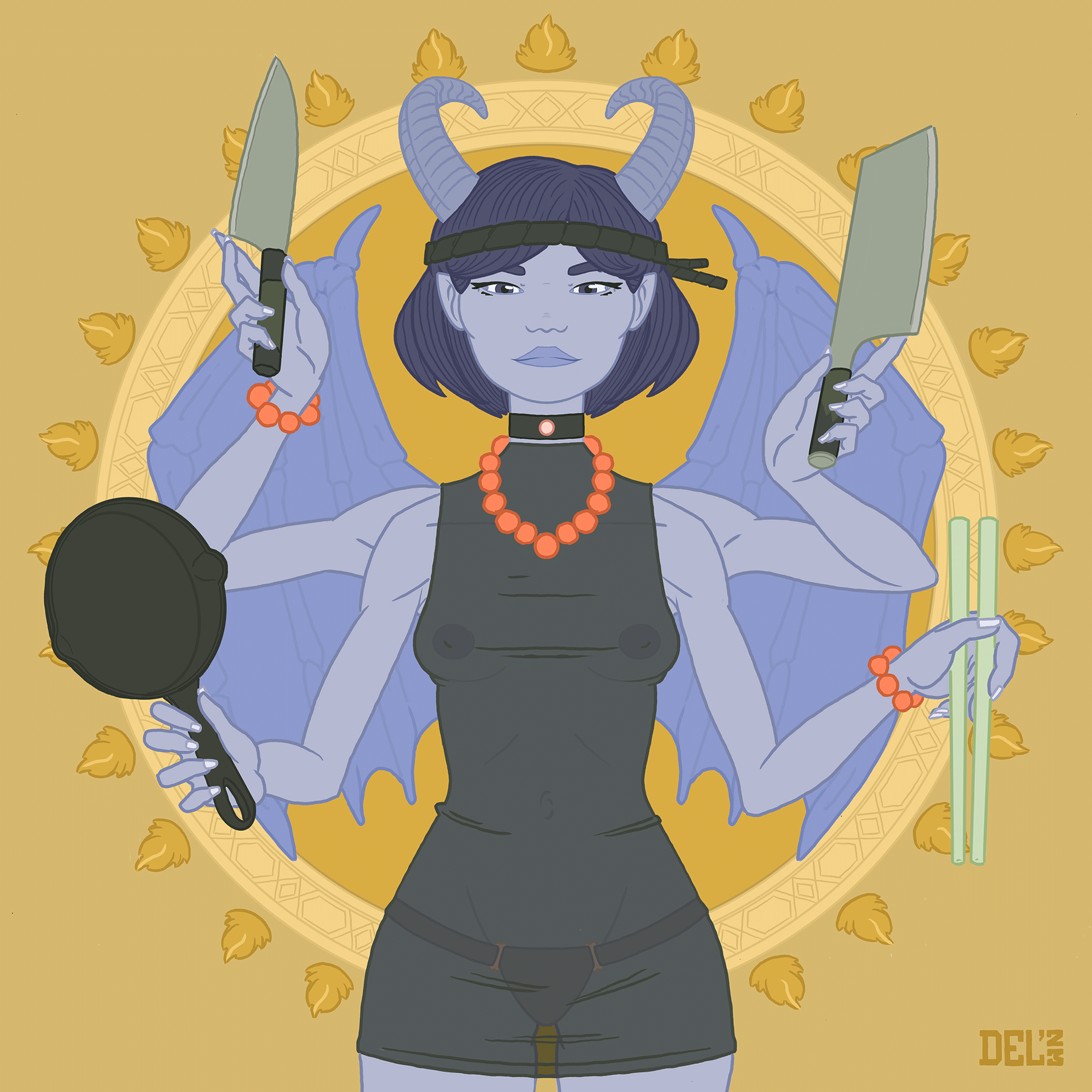 Illustration of a horned female demon with six arms holding kitchen tools, including knives, a pan, and chopsticks, in digital art.