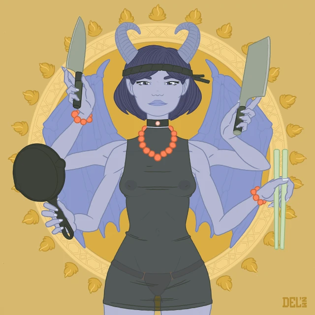 Illustration of a horned female demon with six arms holding kitchen tools, including knives, a pan, and chopsticks, in digital art.