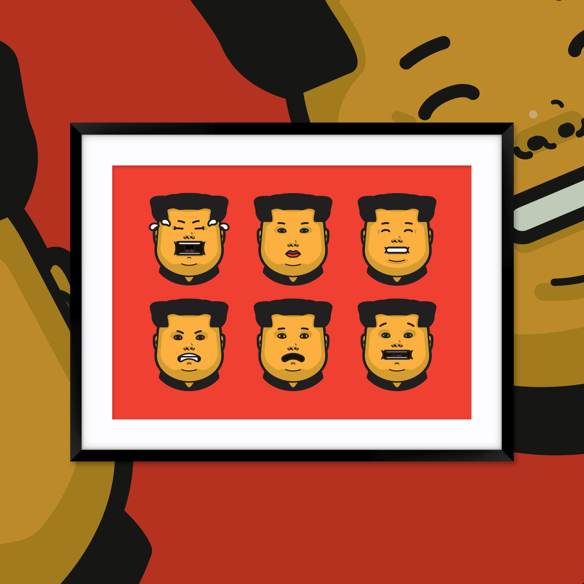 Framed illustration of six cartoon faces with different expressions against a red background, indoor setting, cartoon style, and illustration.