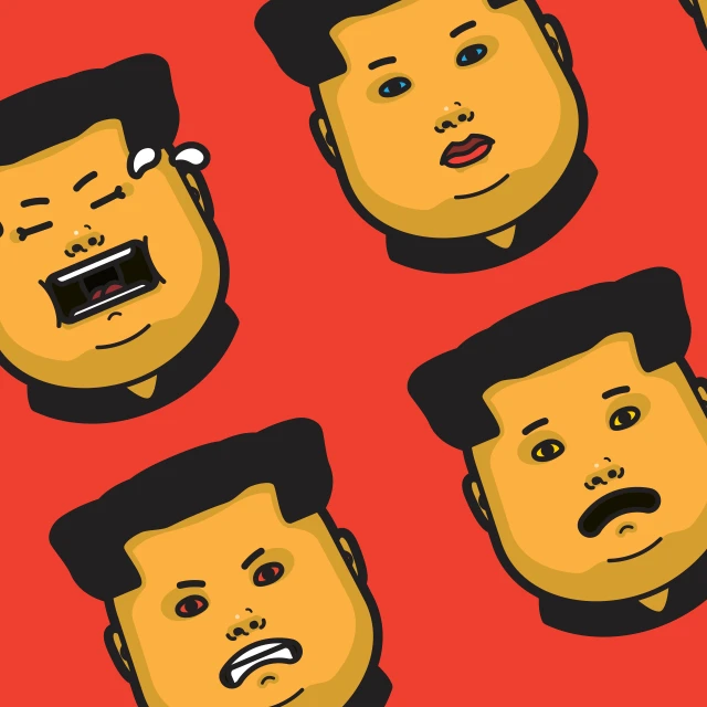 Cartoon image pattern of illustrated adult male faces with dark hair and different facial expressions over a red background.