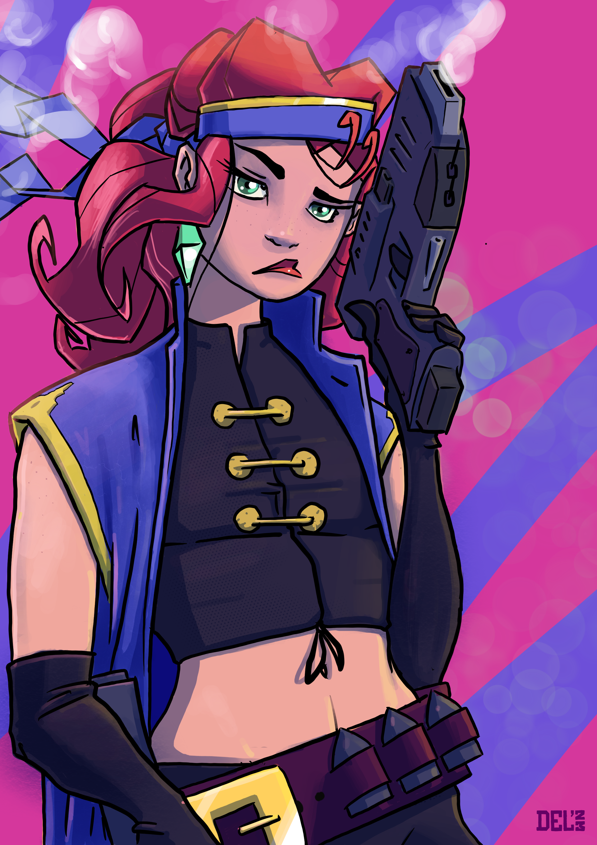 Illustration of a woman holding a gun with a confident expression, wearing a blue jacket and purple headband, against a pink background.