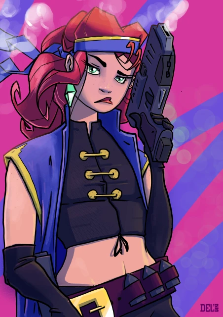 Illustration of a woman holding a gun with a confident expression, wearing a blue jacket and purple headband, against a pink background.