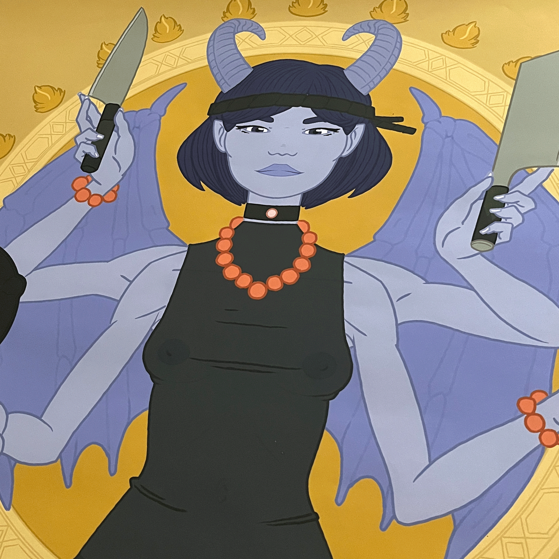 Illustration of a woman with horns and wings holding a knife and cleaver, wearing a black dress and orange beaded jewelry.