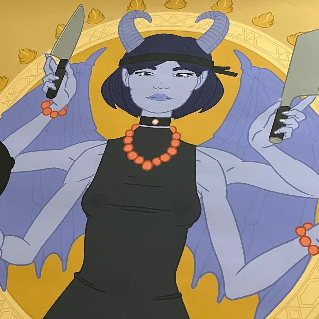 Illustration of a woman with horns and wings holding a knife and cleaver, wearing a black dress and orange beaded jewelry.