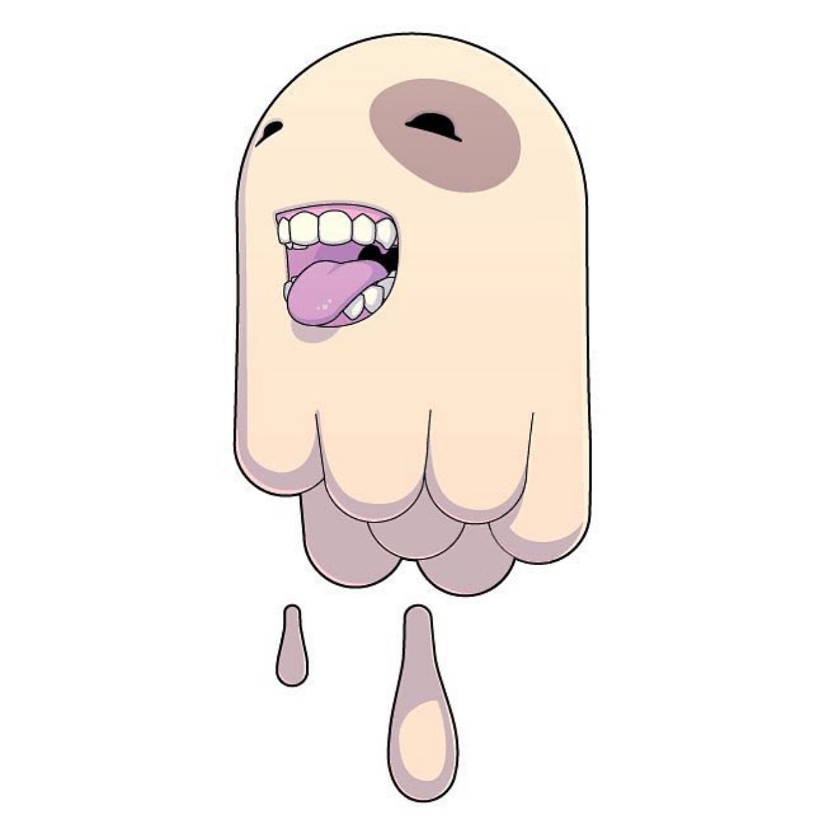 Illustration of a cartoon ghost figure with an open mouth and tongue sticking out, on a white background.