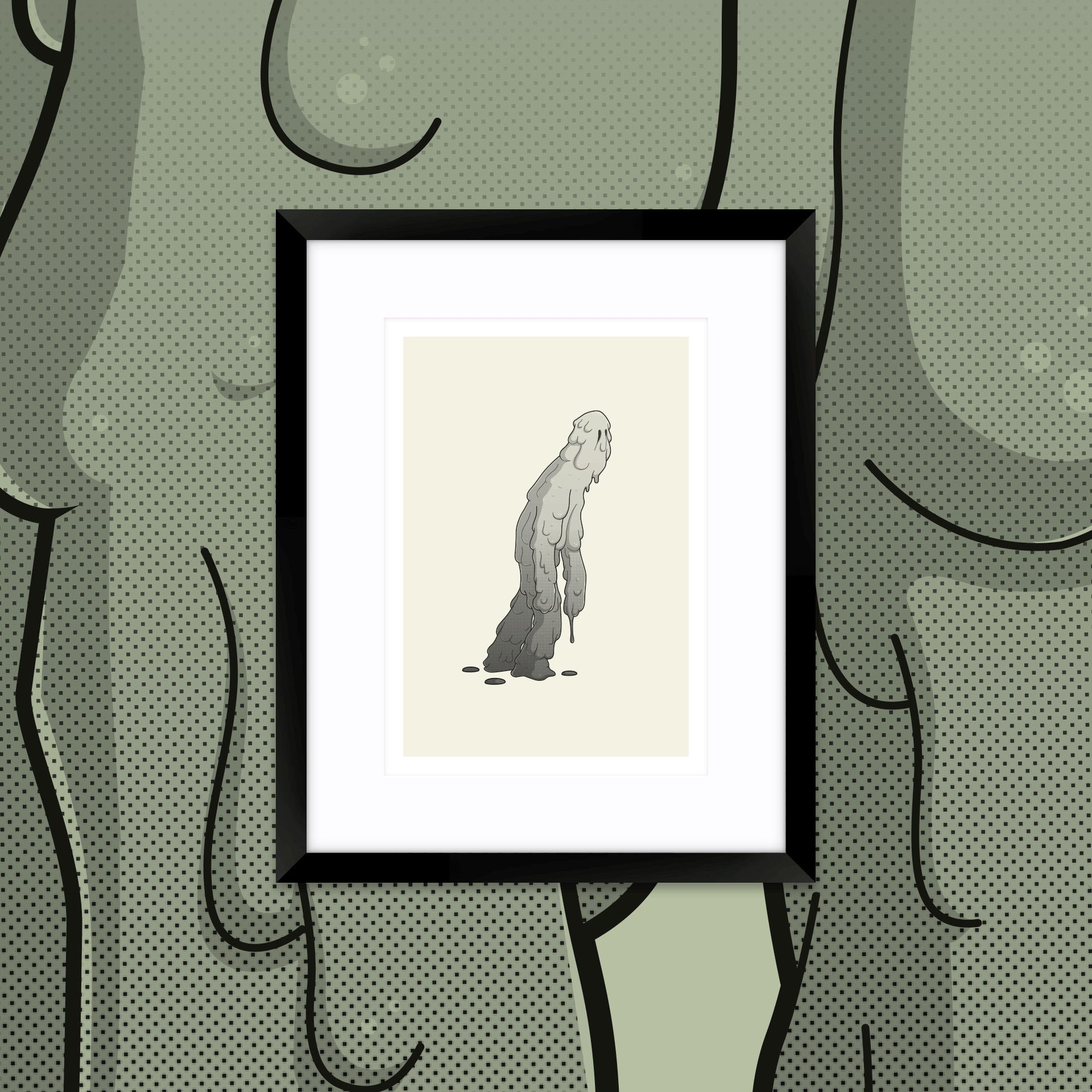 Illustration of a melting figure in a black frame, displayed on a patterned green background, showcasing art in a simple presentation.