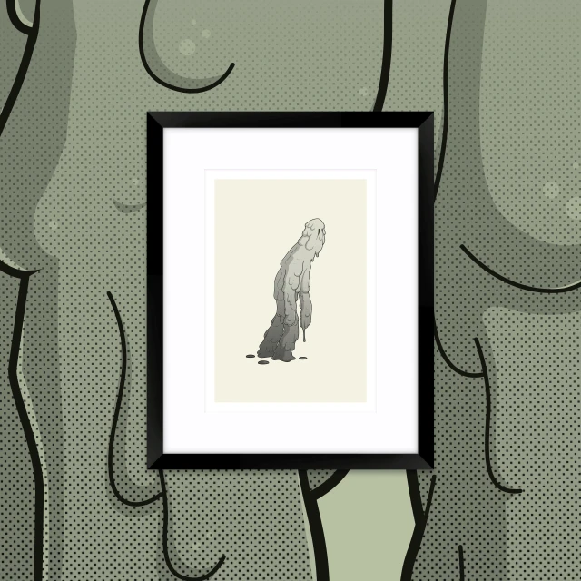 Illustration of a melting figure in a black frame, displayed on a patterned green background, showcasing art in a simple presentation.
