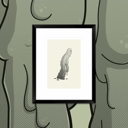 Illustration of a melting figure in a black frame, displayed on a patterned green background, showcasing art in a simple presentation.