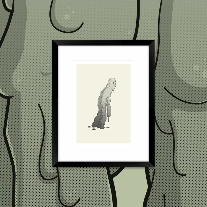 Framed illustration of a grey ooze creature hanging on a light background, displayed against a halftone wallpaper.