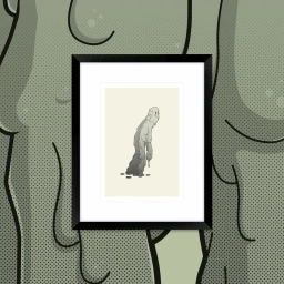 Framed illustration of a grey ooze creature hanging on a light background, displayed against a halftone wallpaper.