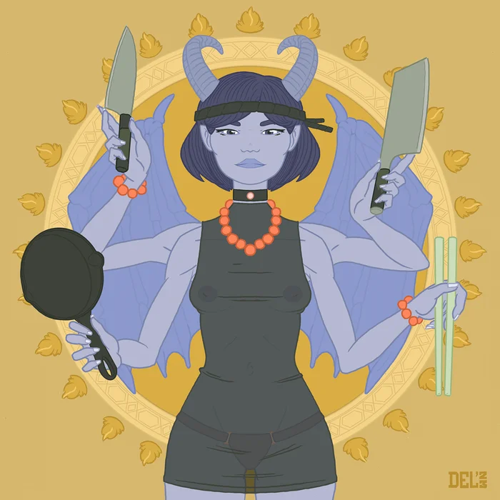 Digital illustration of a multi-armed horned blue demon figure holding kitchen utensils by Mike Delmar