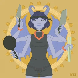 Digital illustration of a multi-armed horned blue demon figure holding kitchen utensils by Mike Delmar