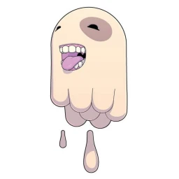 Digital illustration of a grinning pale ghost character with an open mouth and dripping liquid below