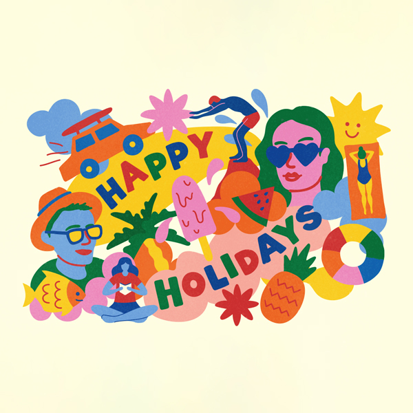 Colorful illustration featuring summer holiday elements like a person diving, people relaxing, fruit, and the text 'Happy Holidays.'