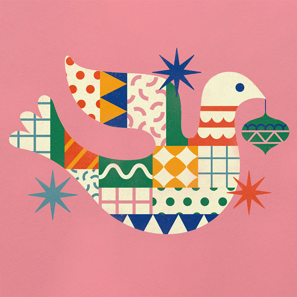 Stylized illustration of a dove with colorful geometric patterns, holding a green ornament, set against a solid pink background.