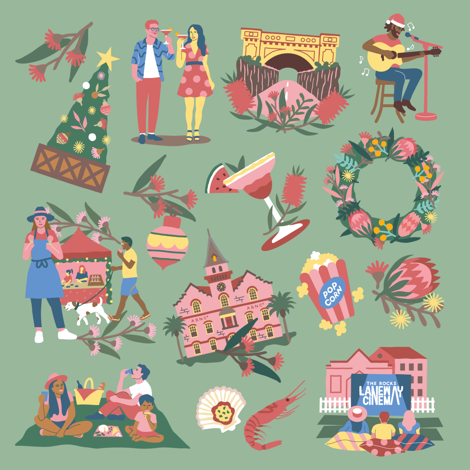 Illustration with festive elements: Christmas tree, couple with drinks, bridge, musician, picnic, and outdoor cinema on a light green background.