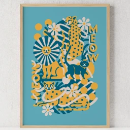 Framed illustrative print featuring stylized leopards, a lion, and cats in blue, gold, and white against a turquoise background.
