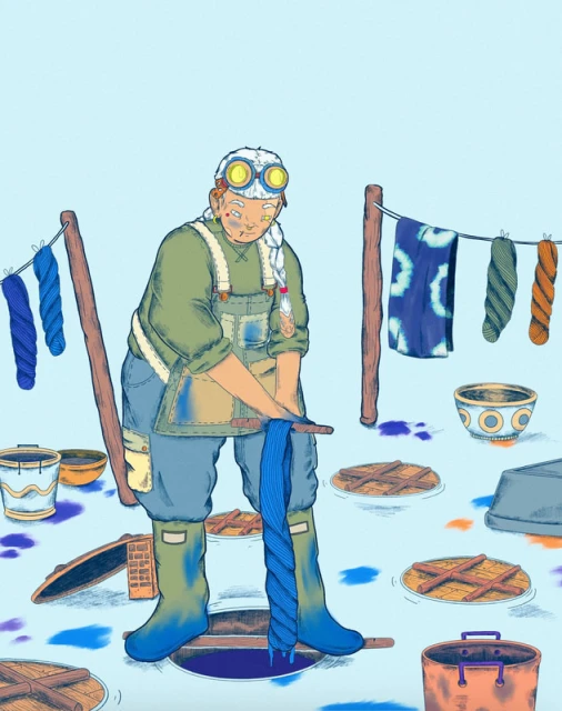 Illustration of a person in overalls and goggles wringing blue yarn over a dye vat, surrounded by dye tools in an outdoor setting.