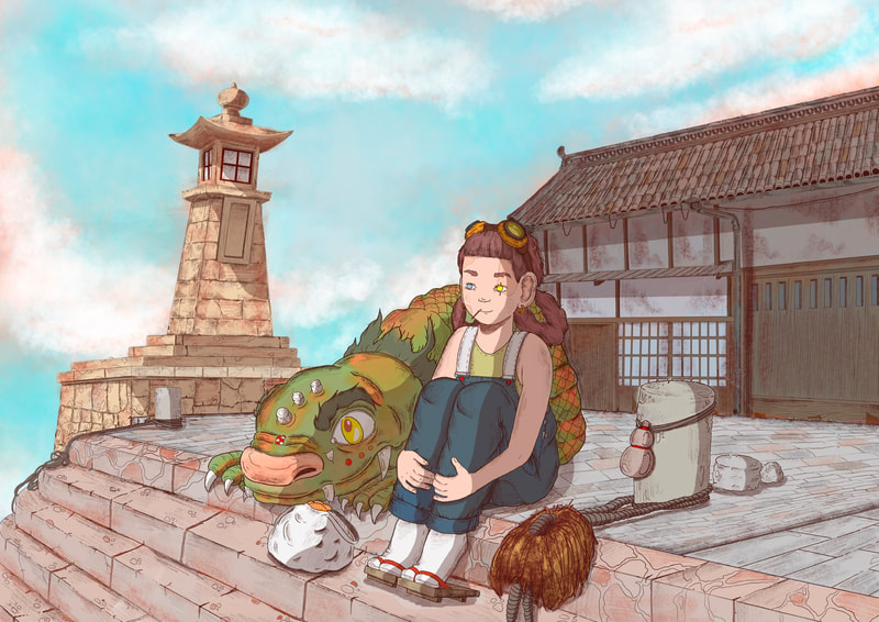 Illustration of a young girl with goggles and braids sitting next to a fantastic green creature on a stone structure outdoors.