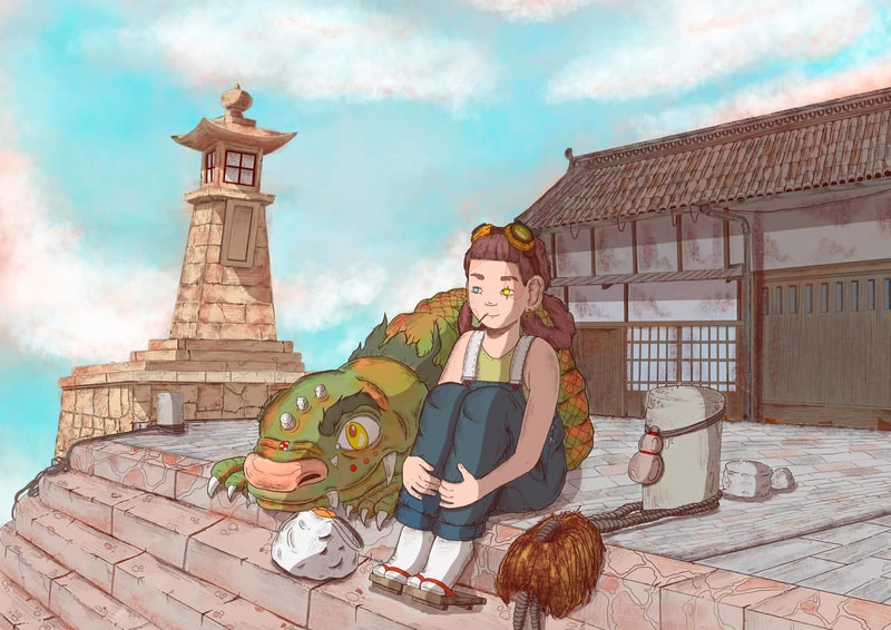 Illustration of a young girl with goggles and braids sitting next to a fantastic green creature on a stone structure outdoors.