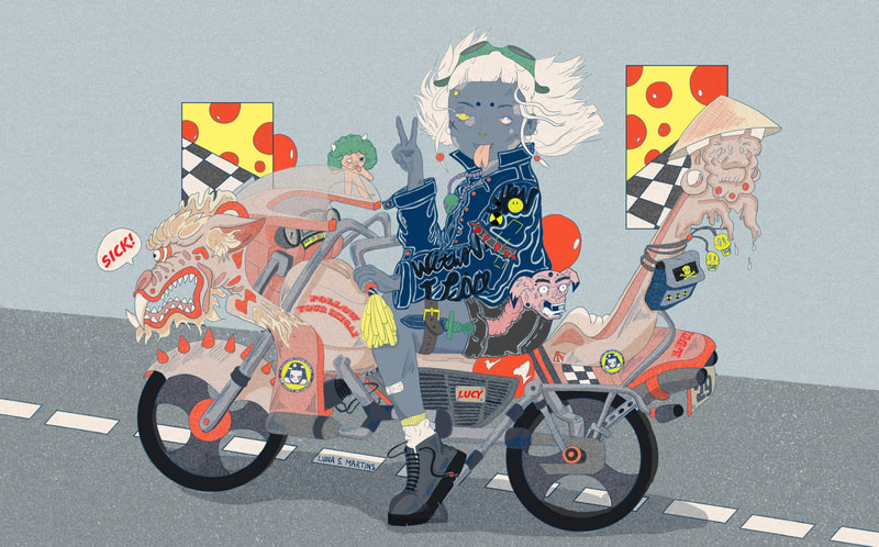 Whimsical digital art of a biker with pale skin and striking yellow eyes on a decorated motorbike with cartoonish elements and graffiti art.