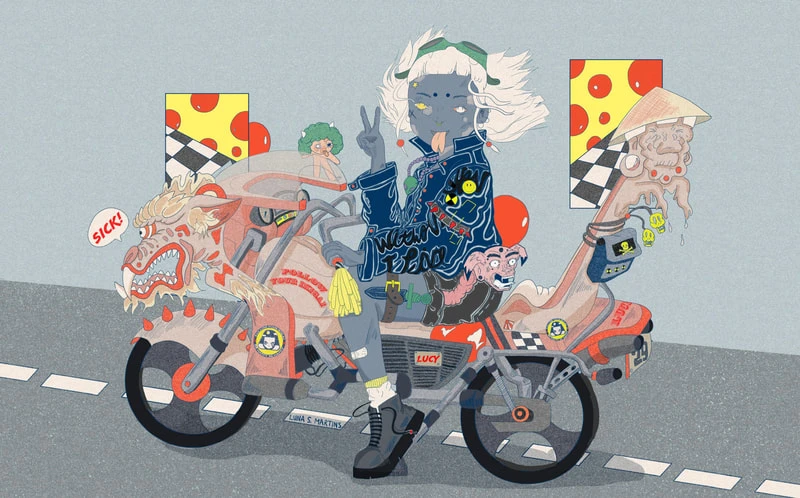 Whimsical digital art of a biker with pale skin and striking yellow eyes on a decorated motorbike with cartoonish elements and graffiti art.