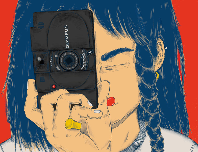 Illustration of a person holding a black Olympus camera up to their face against a red background, showcasing photography and portrait art.