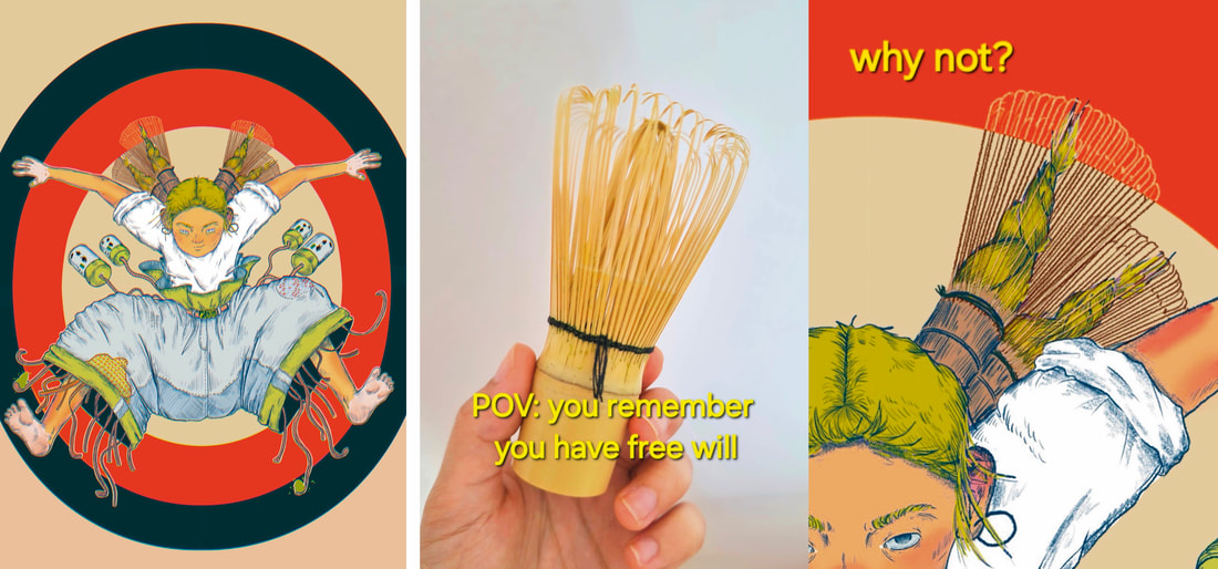 Digital artwork with a person against a circular target, a tea whisk held by a hand, and a person with a tea whisk head.