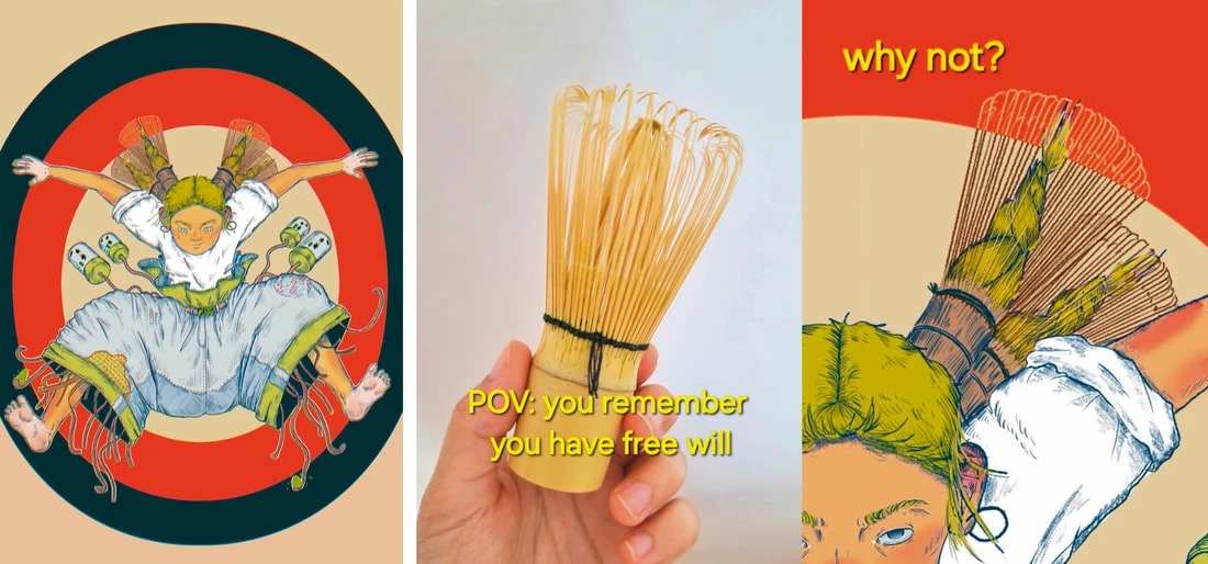 Digital artwork with a person against a circular target, a tea whisk held by a hand, and a person with a tea whisk head.