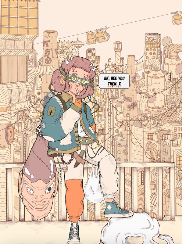 Illustration of a character with steampunk goggles and pink hair stands in a futuristic cityscape with unique architecture and details.