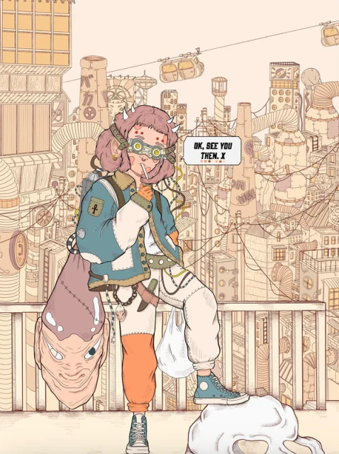 Illustration of a character with steampunk goggles and pink hair stands in a futuristic cityscape with unique architecture and details.