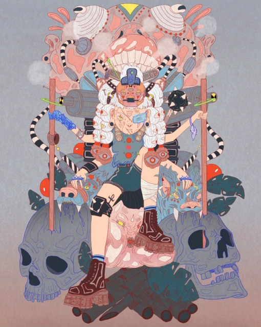 Illustration featuring a central figure with multiple arms, skull props, and fantastical creatures in a surreal, colorful composition.