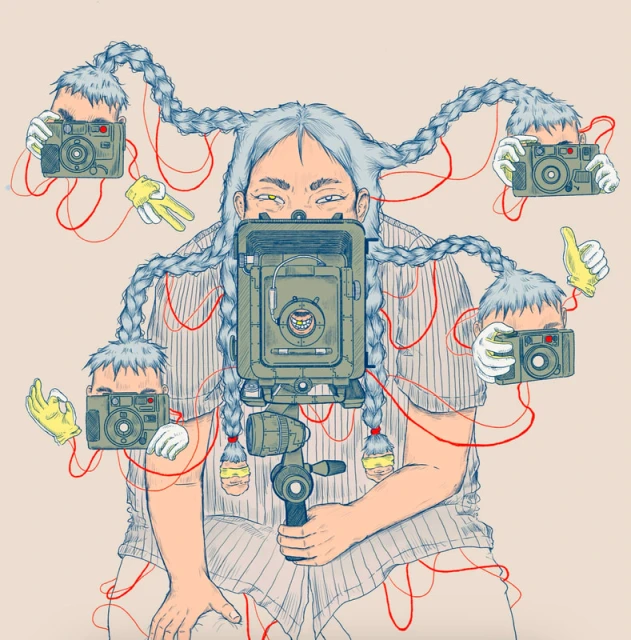 Digital art showcasing a woman with braided hair connected to vintage cameras, creating a surreal, photographic-themed composition on a light background.