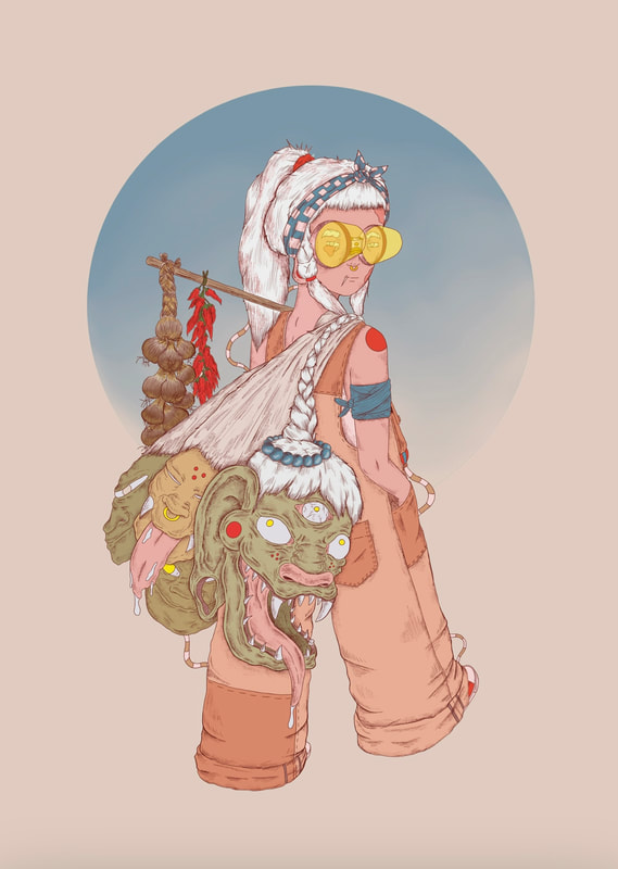 Stylized illustration of a fair-skinned person with goggles, shoulder-slung bags, and garlic/peppers hanging from a pole, set against a gradient circle.