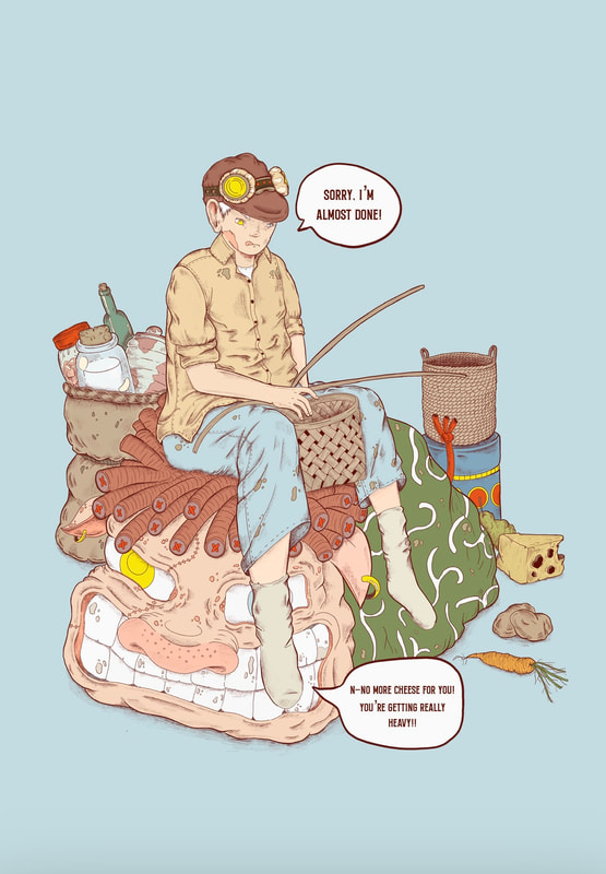Illustration of a person wearing goggles and sitting on a monster while basket weaving, surrounded by food and containers.