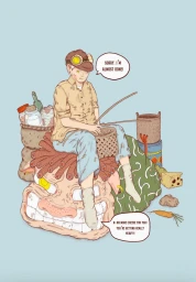 An illustrated figure sits atop a large creature weaving a basket, surrounded by jars, a basket, and speech bubbles against a pale background