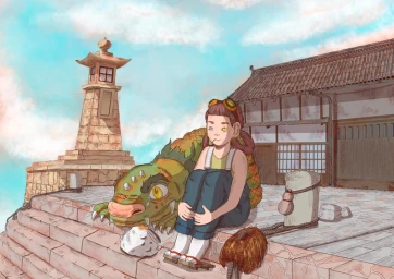 Digital illustration by Catia Martins featuring a person sitting next to a fantastical green creature on a rooftop terrace.