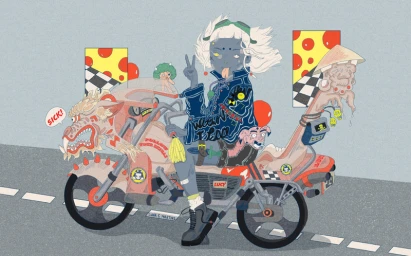 Digital illustration of a character riding a custom motorcycle on a grey road by Catia Martins.