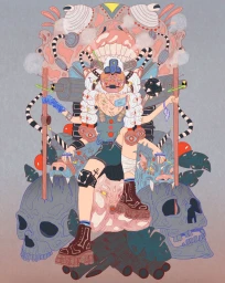 Detailed digital illustration of a multi-armed fantastical character seated among skulls, machinery, and organic surreal elements by Catia Martins