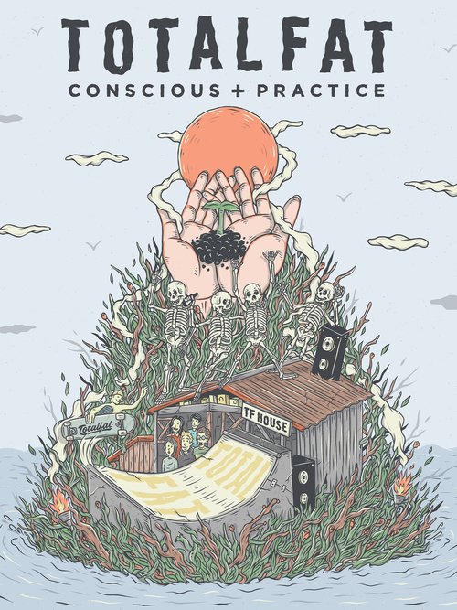 Illustration of a skatepark with a small house, figures, and skeletons surrounded by plants and water, with a light orange sun.