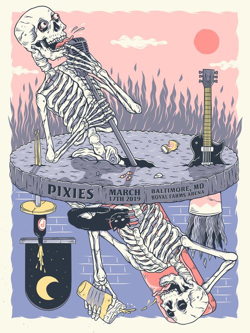 Illustration of two skeletons, one singing into a microphone on a stage with a guitar, and one below drinking a beer.