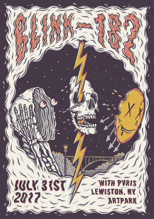 Illustrated concert poster for Blink-182 features skulls, a yellow lightning bolt, and cartoonish imagery with the date July 31st, 2017.