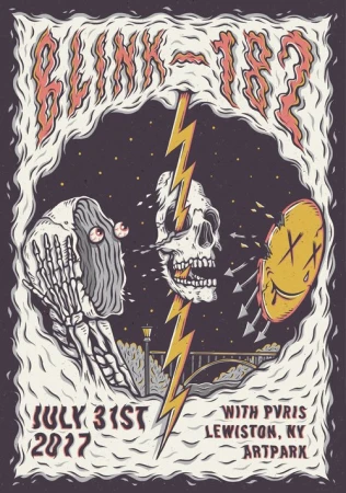 Illustrated concert poster for Blink-182 features skulls, a yellow lightning bolt, and cartoonish imagery with the date July 31st, 2017.