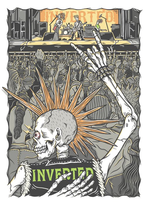 Illustration of a skeleton in a punk-rock style with a crowd and band visible in the background on a stage with the word inverted on a sign.