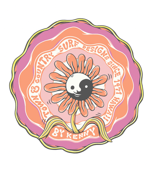 Whimsical graphic art of a flower with a yin and yang symbol in its center, surrounded by concentric circles and lettering.