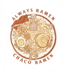 Illustration of a skeleton relaxing in a bowl of ramen noodles with an egg and sliced pork belly by Kentaro Yoshida