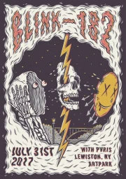 Illustrated concert poster by Kentaro Yoshida for Blink-182 featuring a skull, lightning bolt, and smiley face icon.