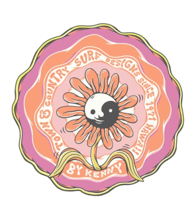 Round vintage surf illustration featuring a smiley flower with a yin-yang center by Kentaro Yoshida.