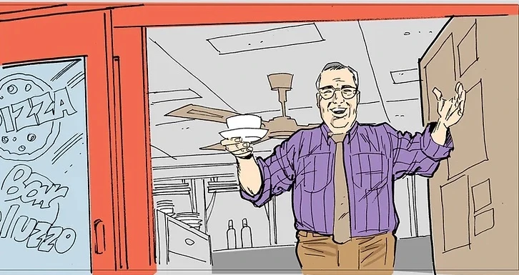Illustration of a man holding a teacup in a cafe near a pizza restaurant, rendered in a comic art style with simple backgrounds.